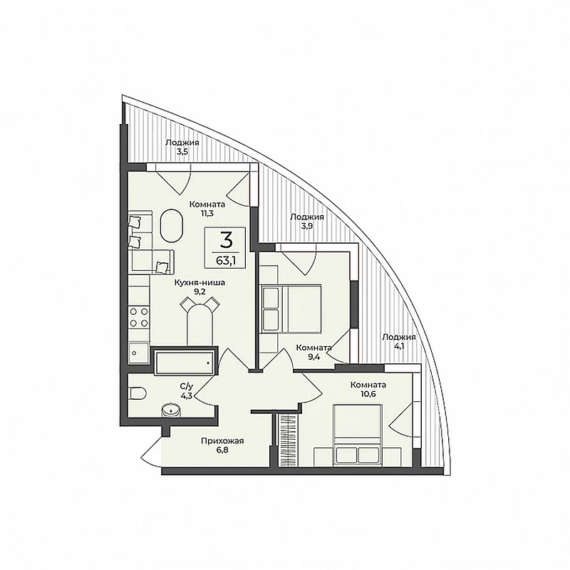 Suite 2-комнатный — ≈44 м² (18 номеров)